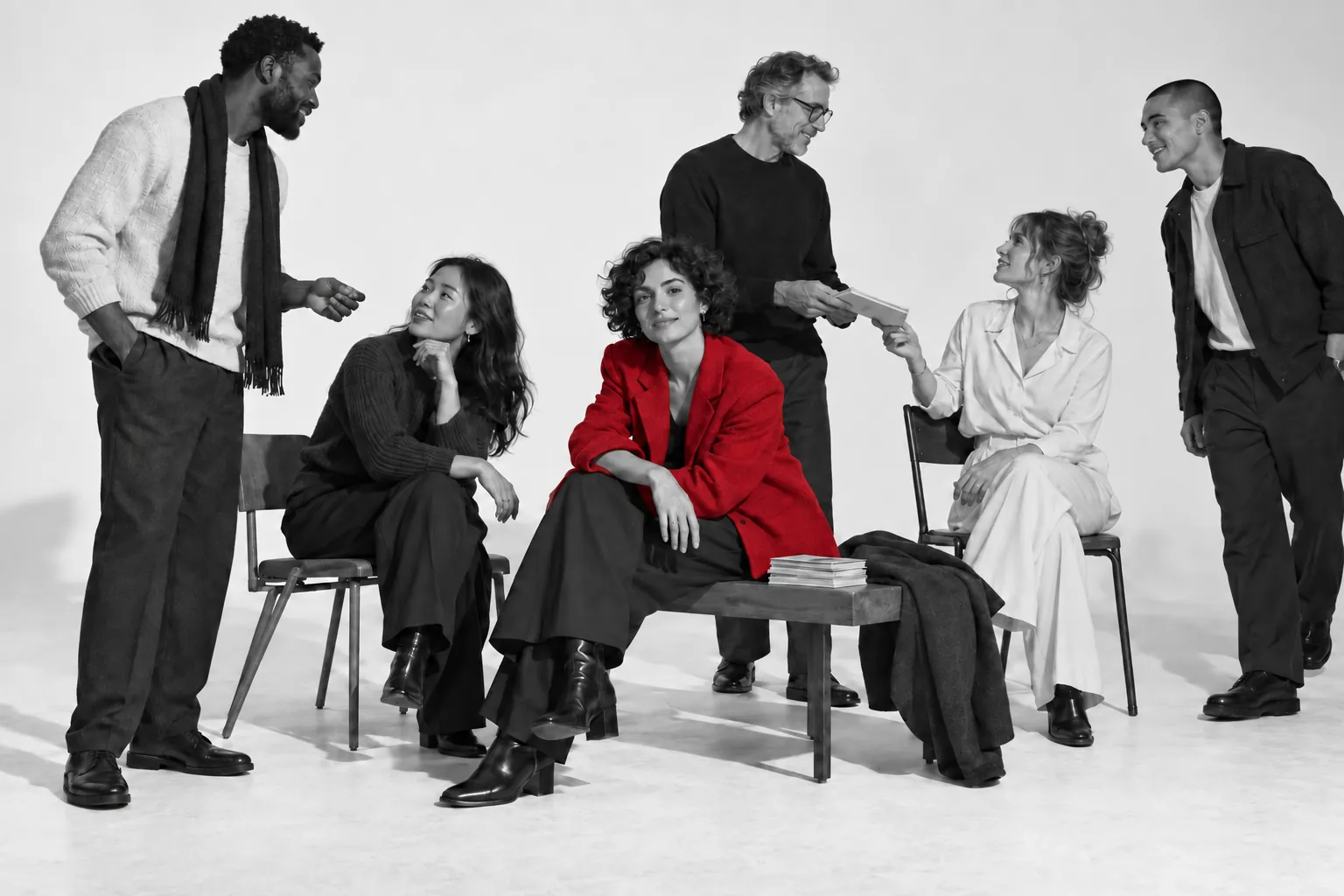 Friends gathered and talking in a bright studio